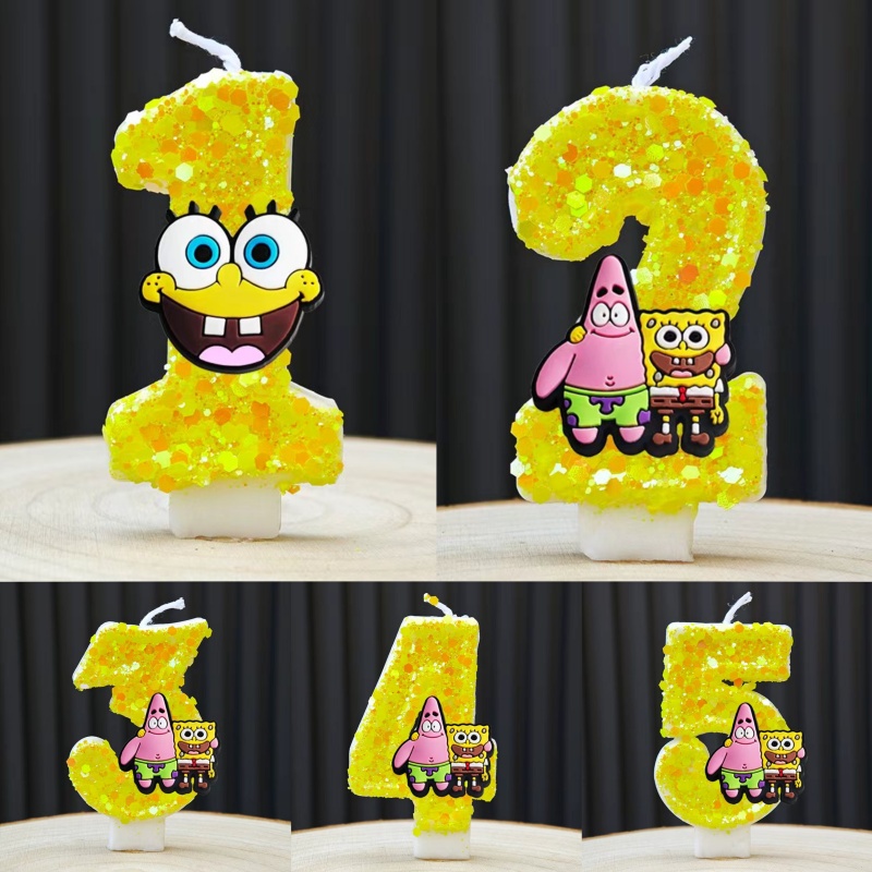 Musical Instrument Gong - น่ารัก SpongeBob เทียนอะนิเมะหมายเลข 0-9 เด็กวันเกิดเค้กอุปกรณ์ตกแต่งน่ารักการ์ตูนอุปกรณ์เสริม